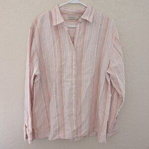 L.L. Bean 100% Linen Pink Striped Button Up Long Sleeved Blouse Size XL